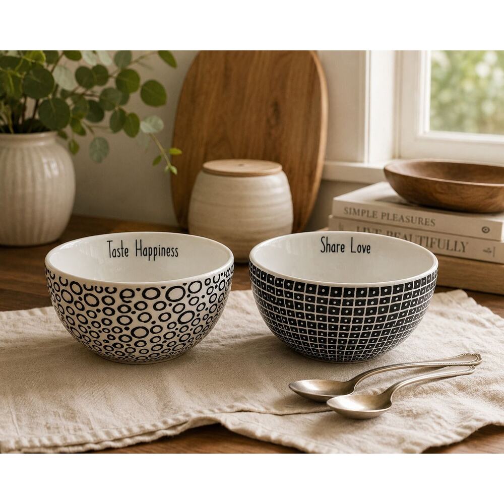 Audrey’s “Share Love” & “Taste Happiness” Black White Ceramic Bowls Set of 2 5”